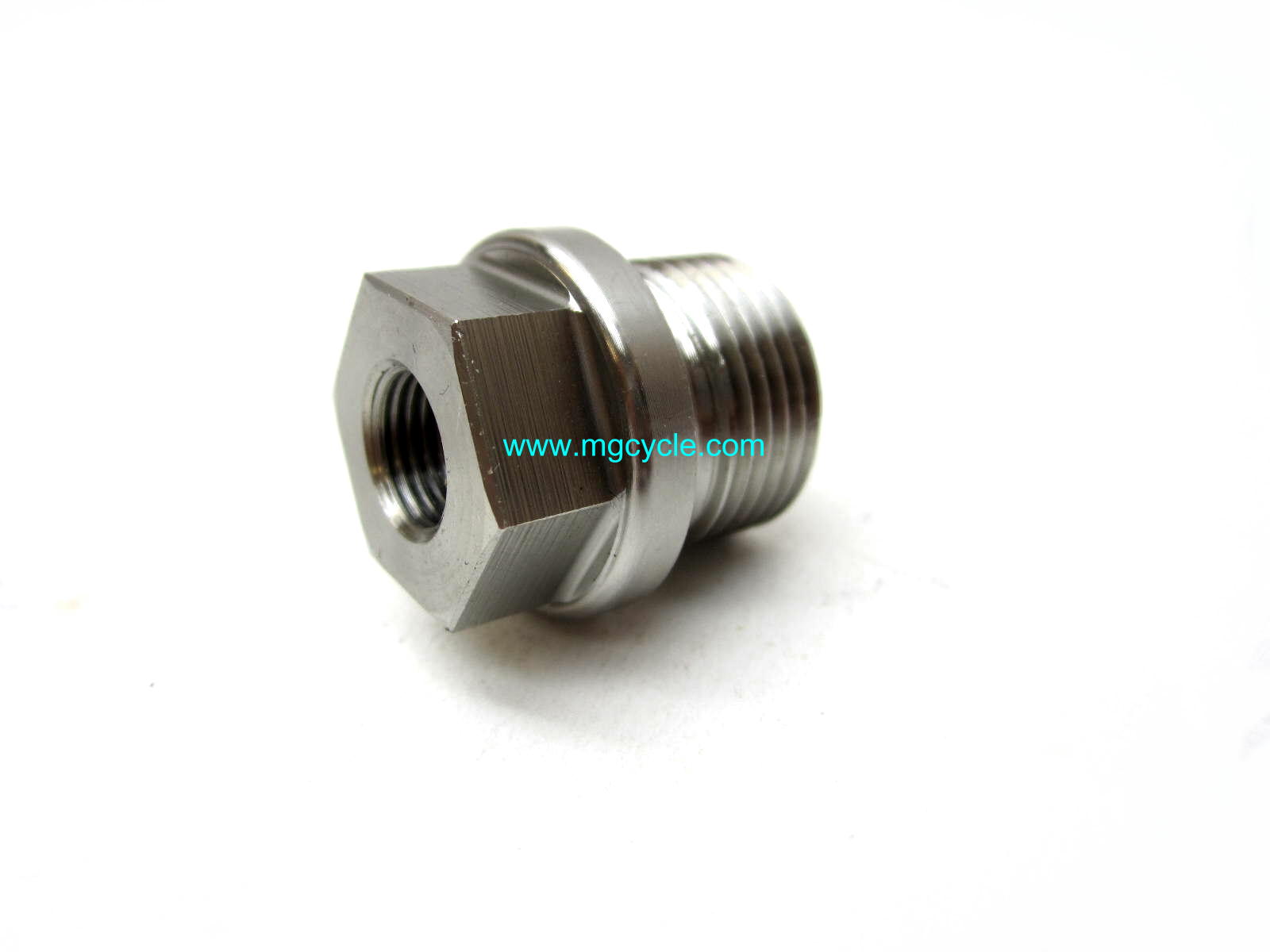 Oil drain plug, stainless steel, hex head, with hole