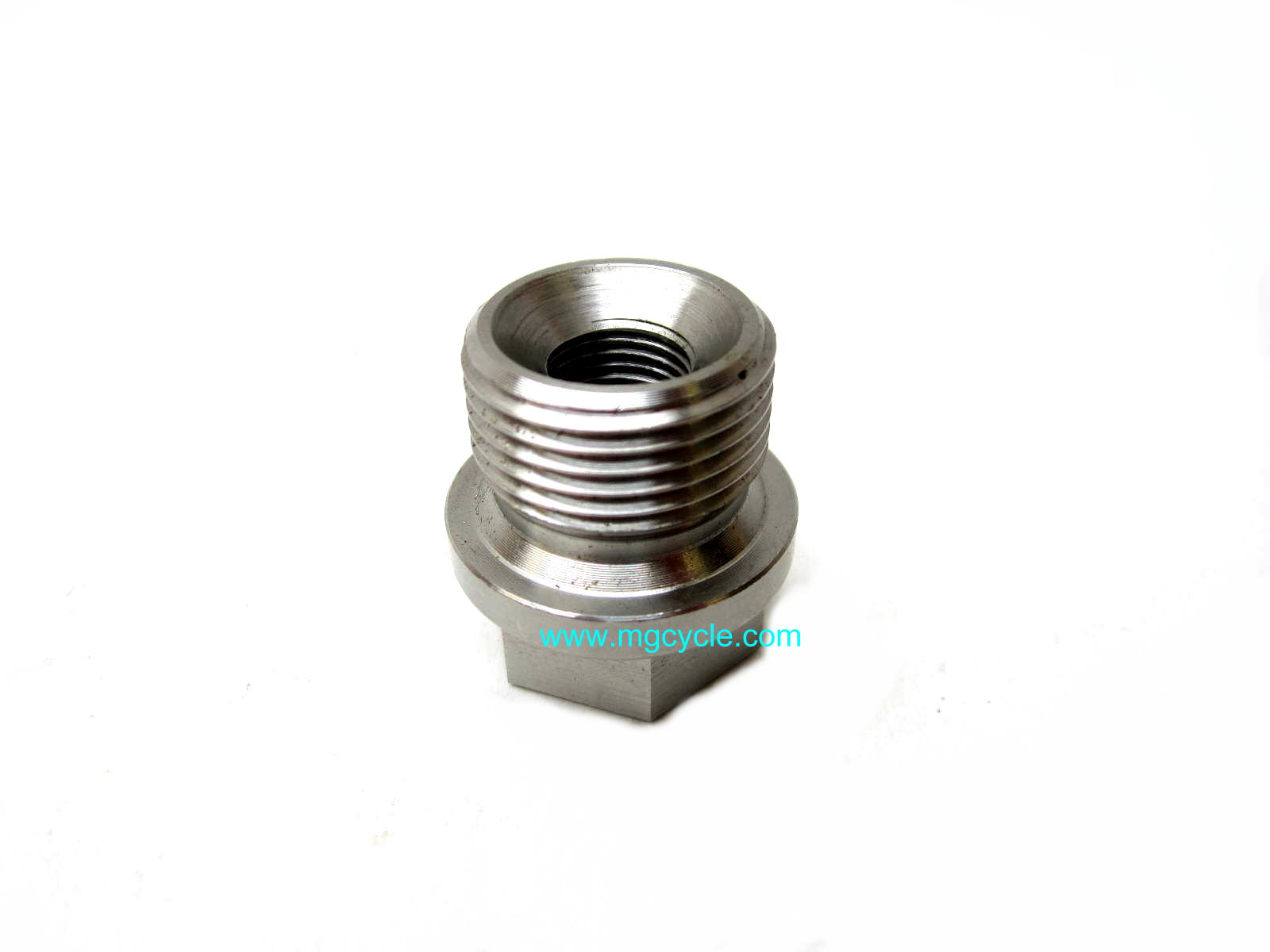 Oil drain plug, stainless steel, hex head, with hole