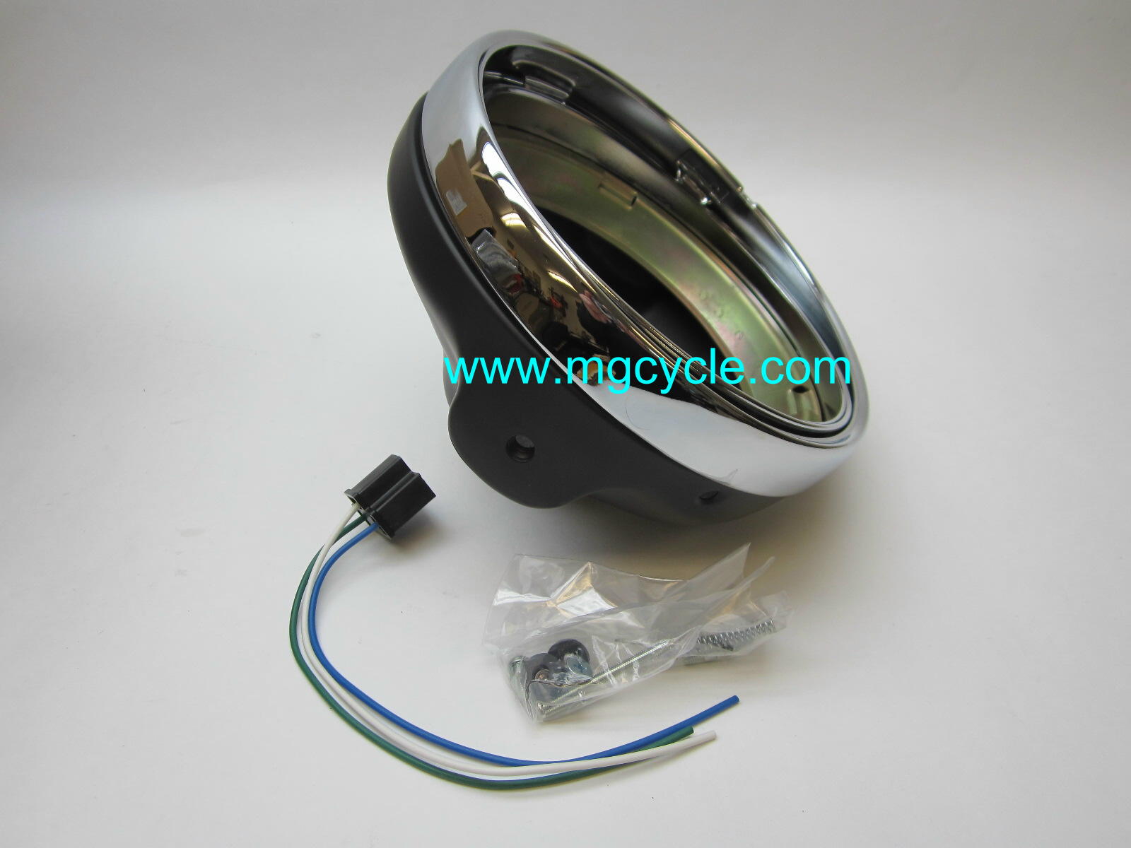 7" headlight bucket kit, black back with chrome trim ring - Click Image to Close