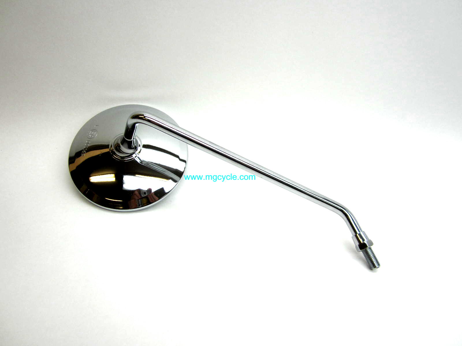 Chrome mirror, right, 4.5 inch round, ~9 inch stem - Click Image to Close