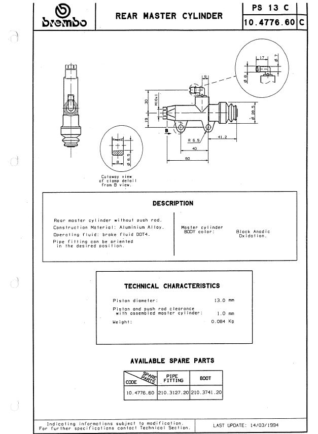 Rear master cylinder Breva 750, Quota 1100ES, Quota 1000 - Click Image to Close