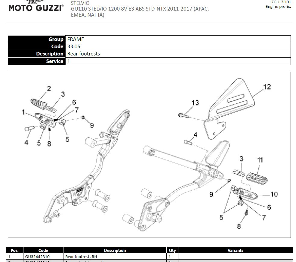 foot rest, passenger right, many Moto Guzzi models 2005-