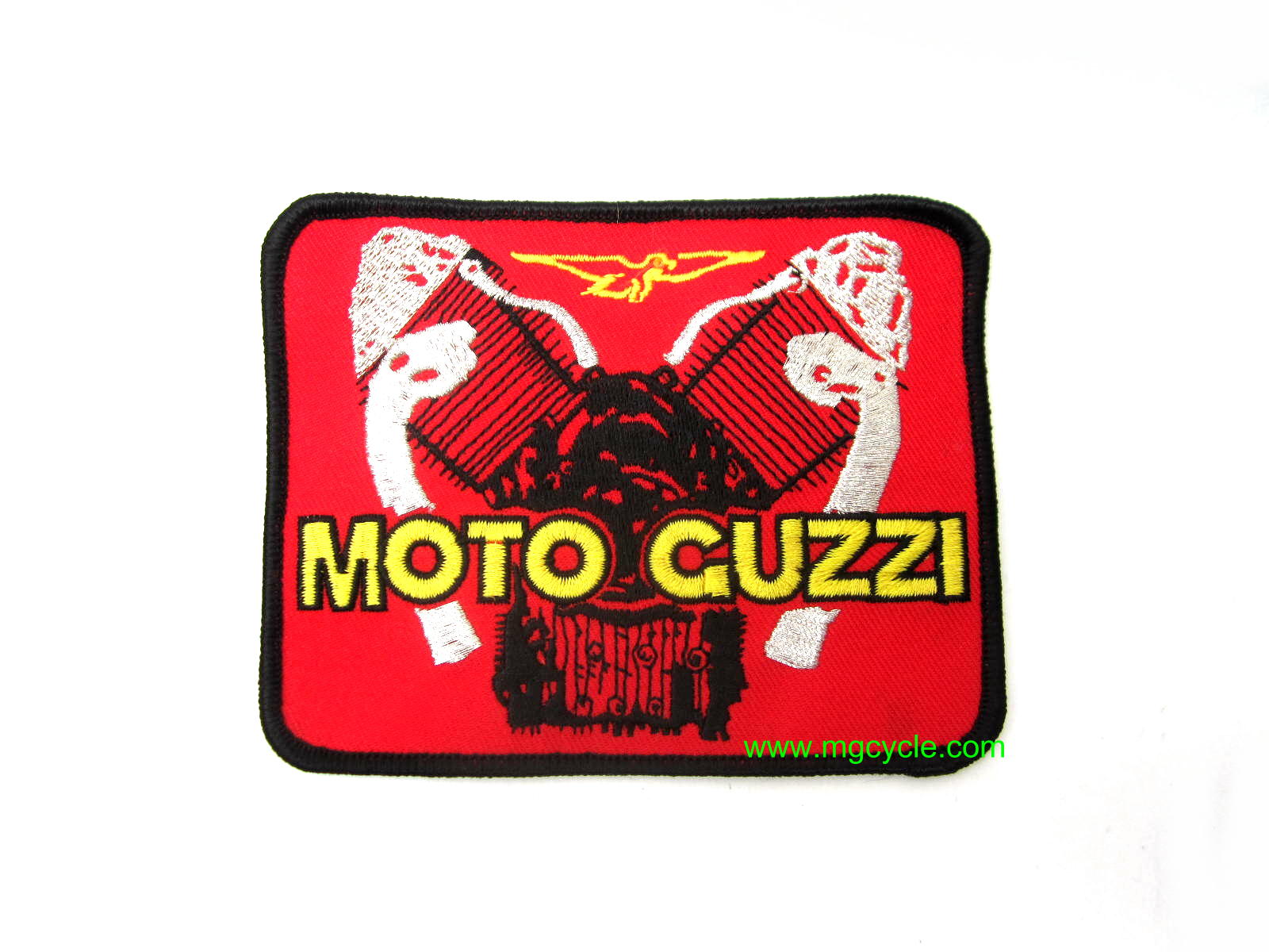 red Guzzi engine patch, rectangle 3.5 x 4.5 inches