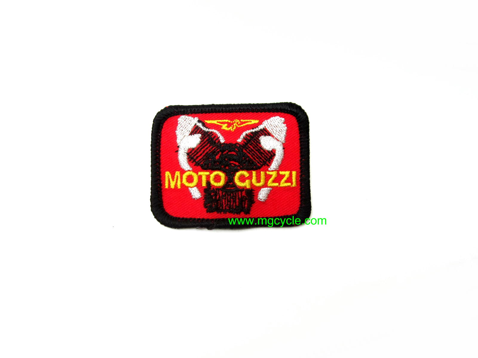 embroidered Guzzi engine patch, black on red, small rectangle - Click Image to Close