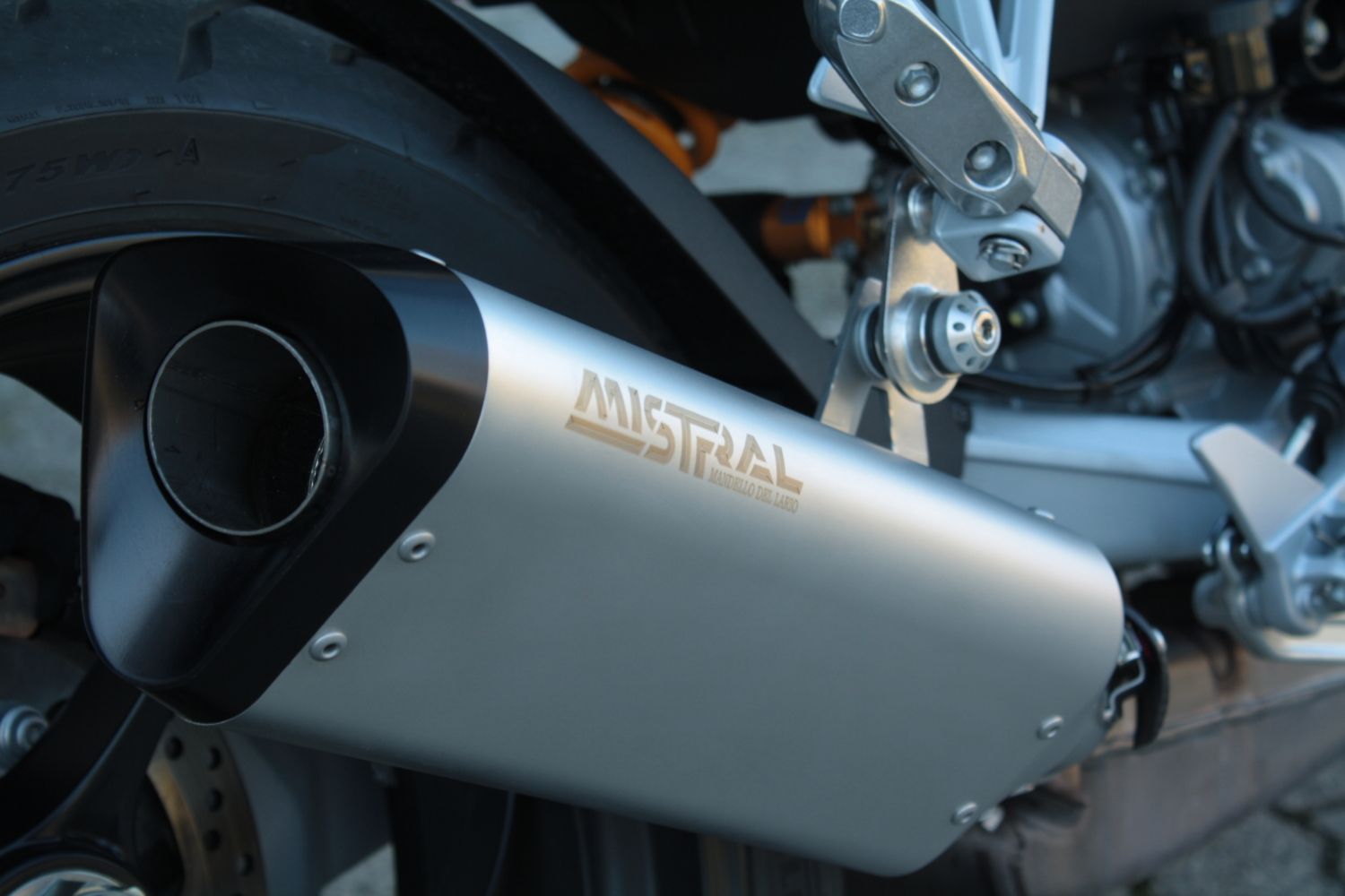 V100 Mandello Tria exhaust by Mistral in black anodized finish